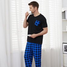 Load image into Gallery viewer, Blue Check Men's Pyjamas Short Sleeve Loungewear Set
