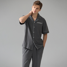 Load image into Gallery viewer, Gray Plaid Short Sleeved Top And Trousers Men's Pyjamas Set
