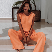 Load image into Gallery viewer, Orange Color Pure Cotton Wide Leg Sleeveless Pyjamas Set