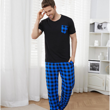 Load image into Gallery viewer, Blue Check Men's Pyjamas Short Sleeve Loungewear Set