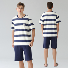 Load image into Gallery viewer, Men's Blue Stripe Shots Cotton Pyjamas Set