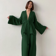 Load image into Gallery viewer, Pure Cotton Wide Leg Solid Color Pyjamas and Kimono Set