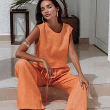 Load image into Gallery viewer, Orange Color Pure Cotton Wide Leg Sleeveless Pyjamas Set