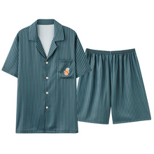 Load image into Gallery viewer, Green Vertical Stripe Short Sleeve Men's Shorts Pyjama Set
