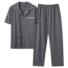 Load image into Gallery viewer, Gray Plaid Short Sleeved Top And Trousers Men's Pyjamas Set