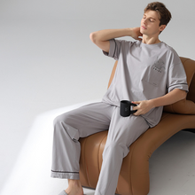 Load image into Gallery viewer, Round Neck Short Sleeved Light Gray Men's Pyjamas Set