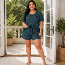 Load image into Gallery viewer, Minimal Heart Plus Size Ribbed Pajama Shorts Set – Dusty Blue
