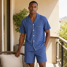 Load image into Gallery viewer, Cool Blue Striped Men’s Short Sleeve Pajama Set