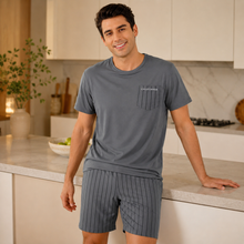Load image into Gallery viewer, Men’s Grey Striped Pocket Pajama Shorts Set
