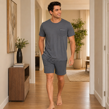Load image into Gallery viewer, Men’s Grey Striped Pocket Pajama Shorts Set