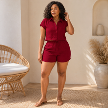 Load image into Gallery viewer, Women’s Textured Button-Front Blouse & Knotted Shorts Vacation Set