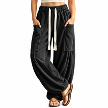 Load image into Gallery viewer, Women’s Ribbed Wide-Leg Cargo Pants with Drawstring Waist & Pockets