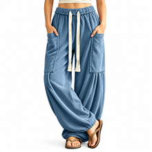 Load image into Gallery viewer, Women’s Ribbed Wide-Leg Cargo Pants with Drawstring Waist & Pockets