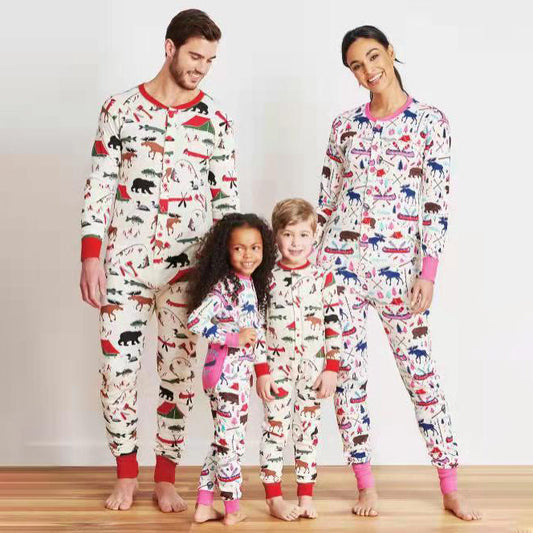 Round Neck with Button Printed Christmas Matching Family pyjamas Set