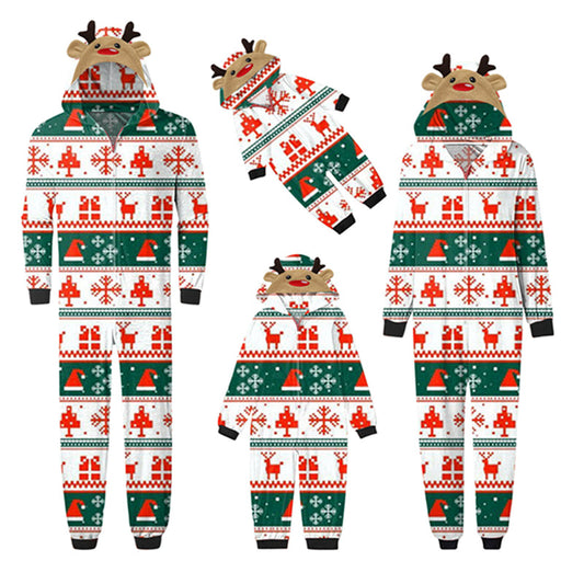 White and Green Jumpsuit with hoodie Matching family Christmas pyjama Set