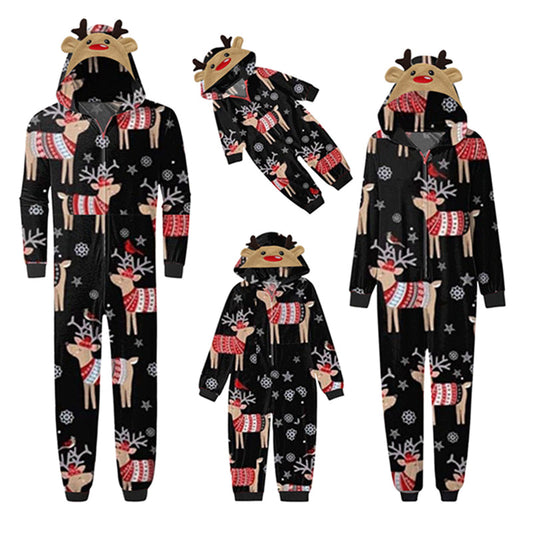 Reindeer Print Jumpsuit with hoodie Matching family Christmas pyjama Set