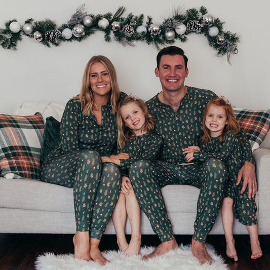 Green Printed V Neck Button Matching Family pyjamas Set