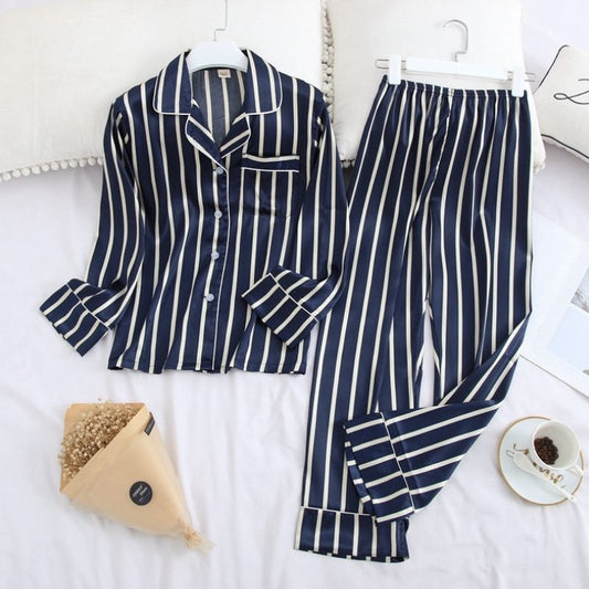 Blue And White Vertical Strips Silk Pyjamas Set