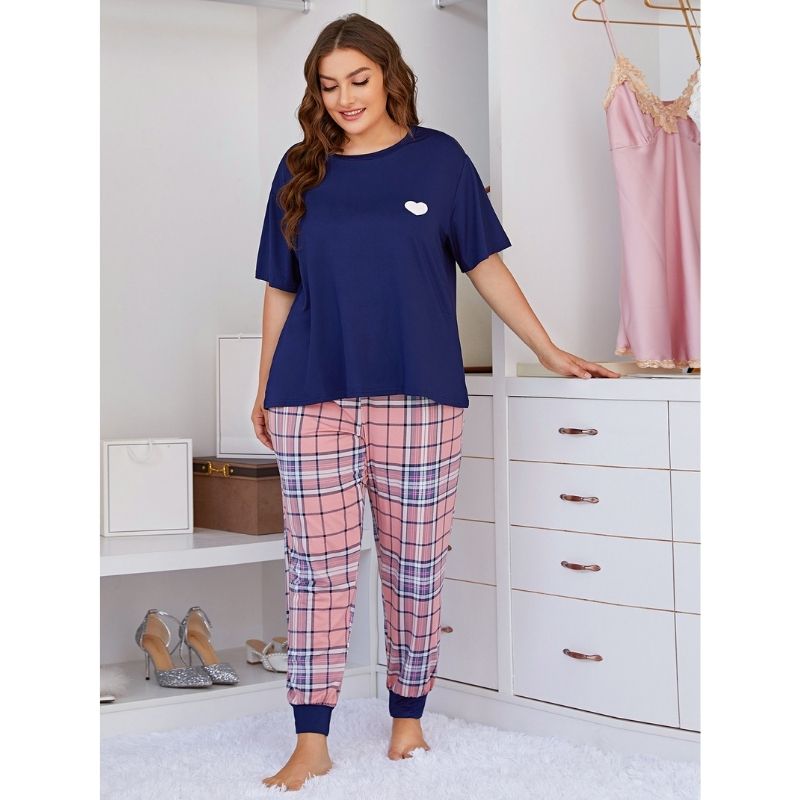 Blue Check Plus Size Pyjamas Set