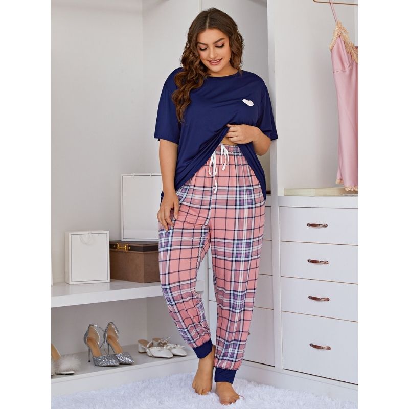 Blue Check Plus Size Pyjamas Set