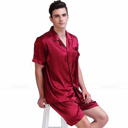 Men Red Silk Pyjamas Set