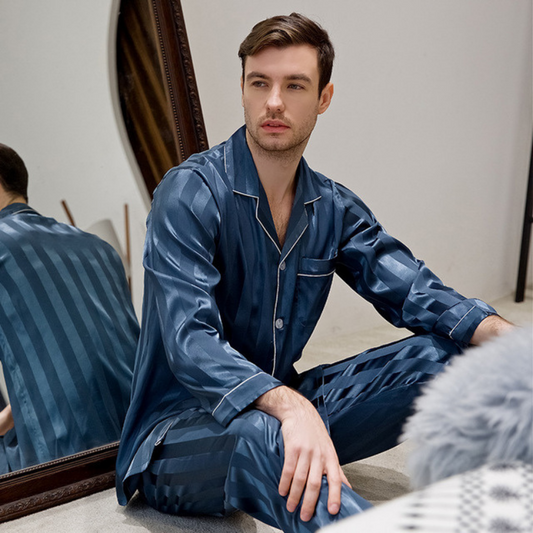 Men Silk Lake Blue Pyjamas Set