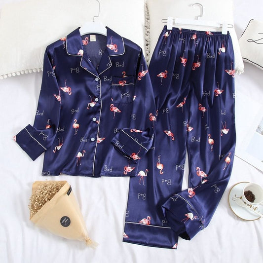 Navy Blue Flamingo Silk Pyjamas Set