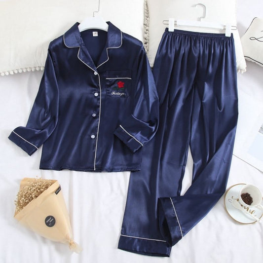 Navy Pocket Rose Silk Pyjamas Set