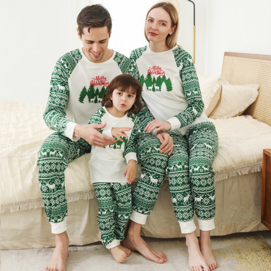 Round Neck Long-Sleeved Green Christmas Pyjamas Set