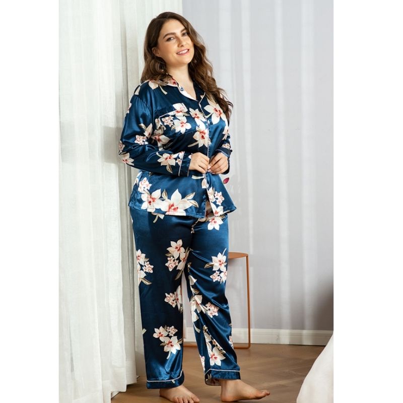 Silk Flower Printed Plus Size Pyjamas Set