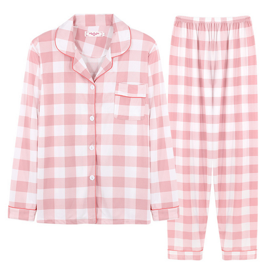Women Pink Big Grid Pyjamas Set