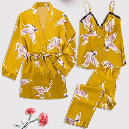 Yellow Flamingo 3 Piece Silk Pyjamas Set