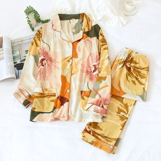 Yellow Peony Flower Pyjamas Set