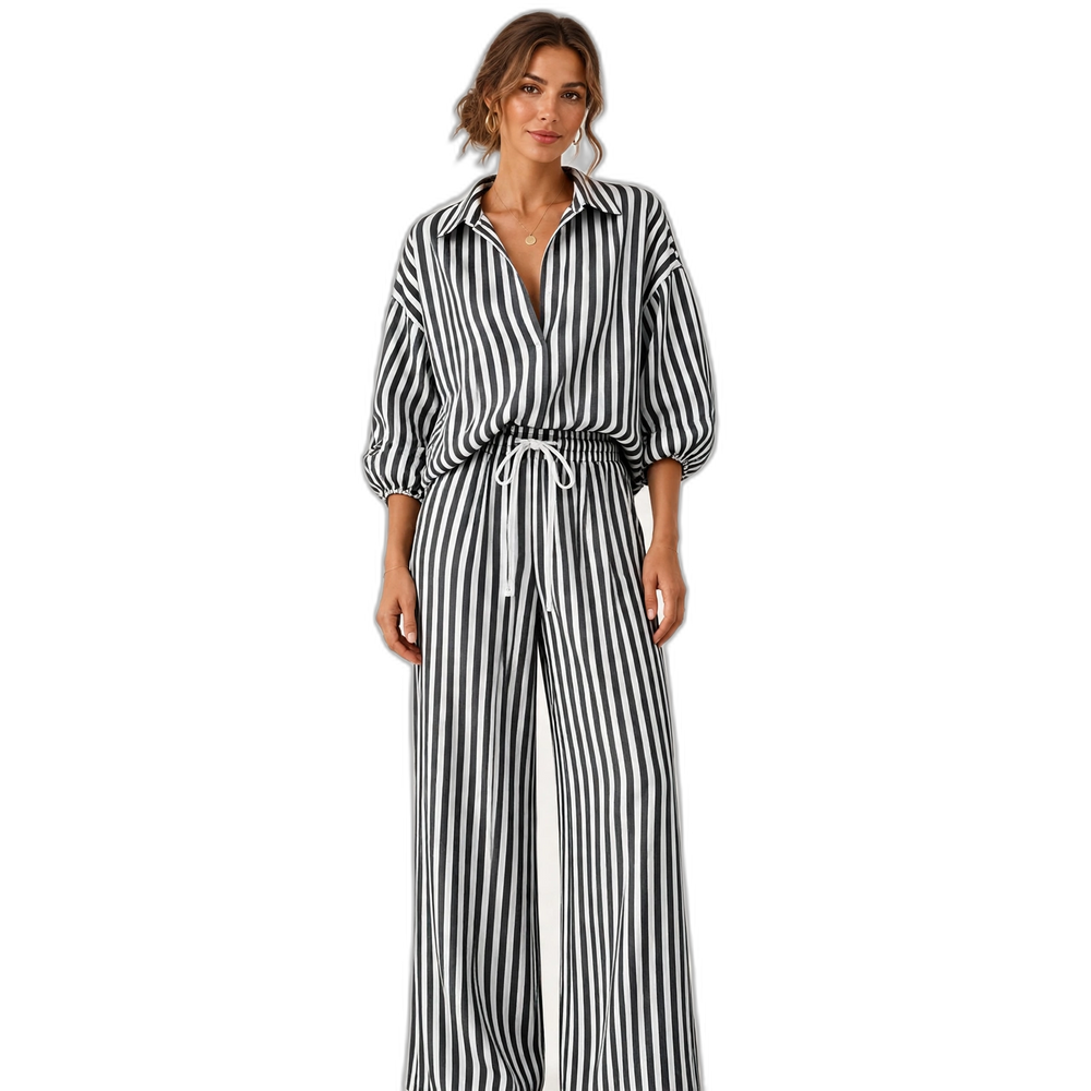 Coastal Stripe Relaxed Shirt & Wide-Leg Pants Set