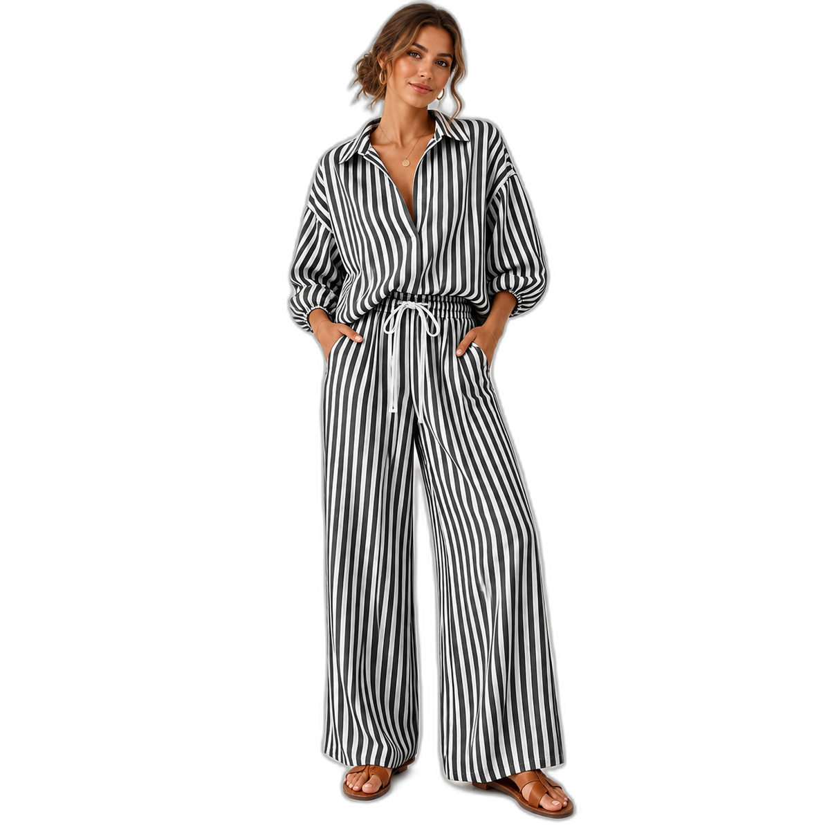 Coastal Stripe Relaxed Shirt & Wide-Leg Pants Set