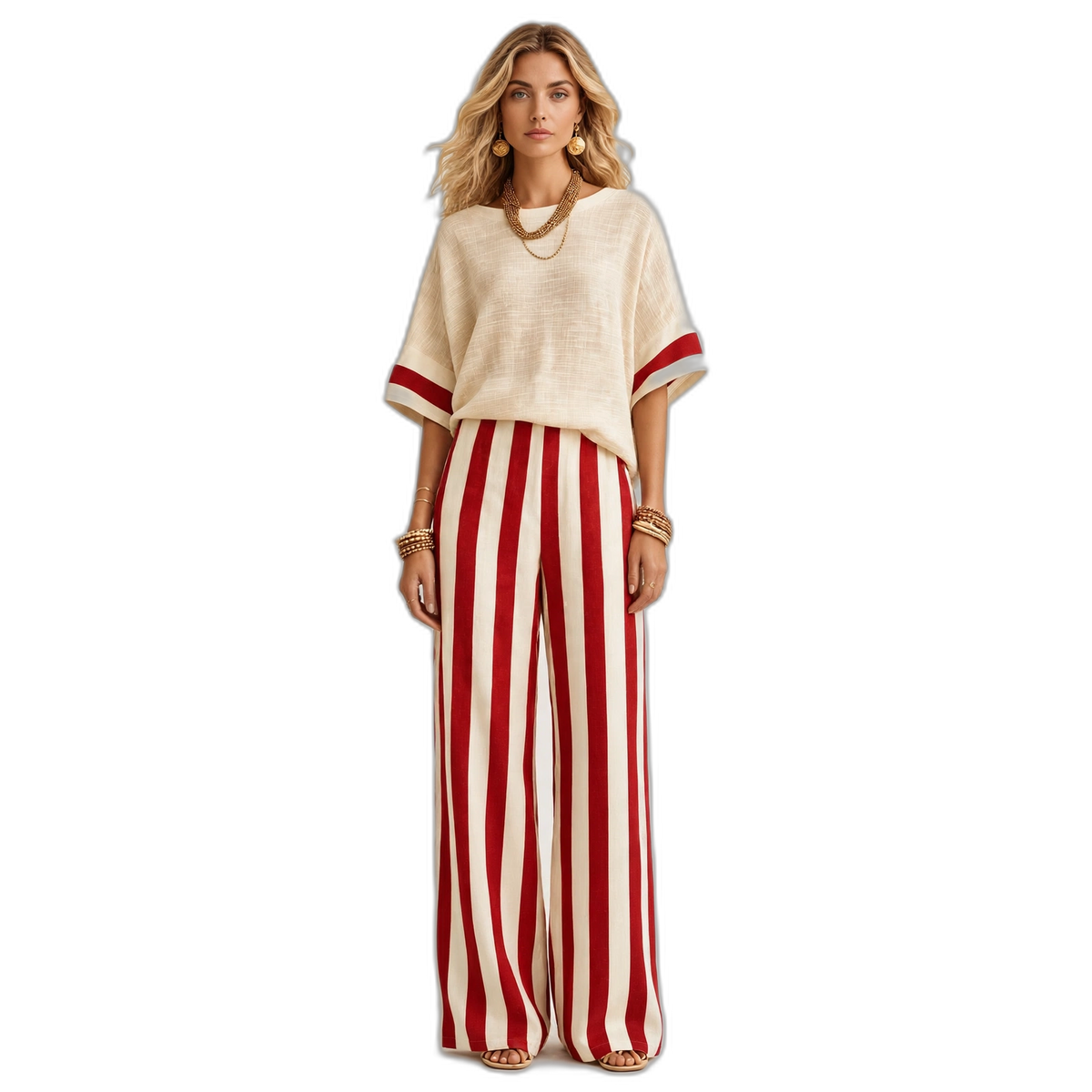 Women’s Relaxed Stripe Wide-Leg Pants & Oversized Top Set
