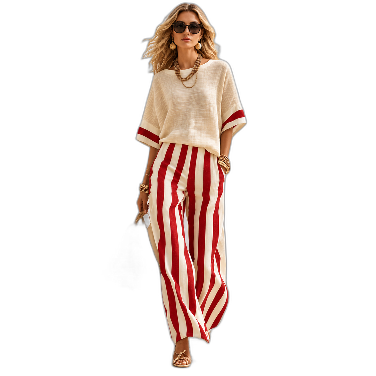 Women’s Relaxed Stripe Wide-Leg Pants & Oversized Top Set