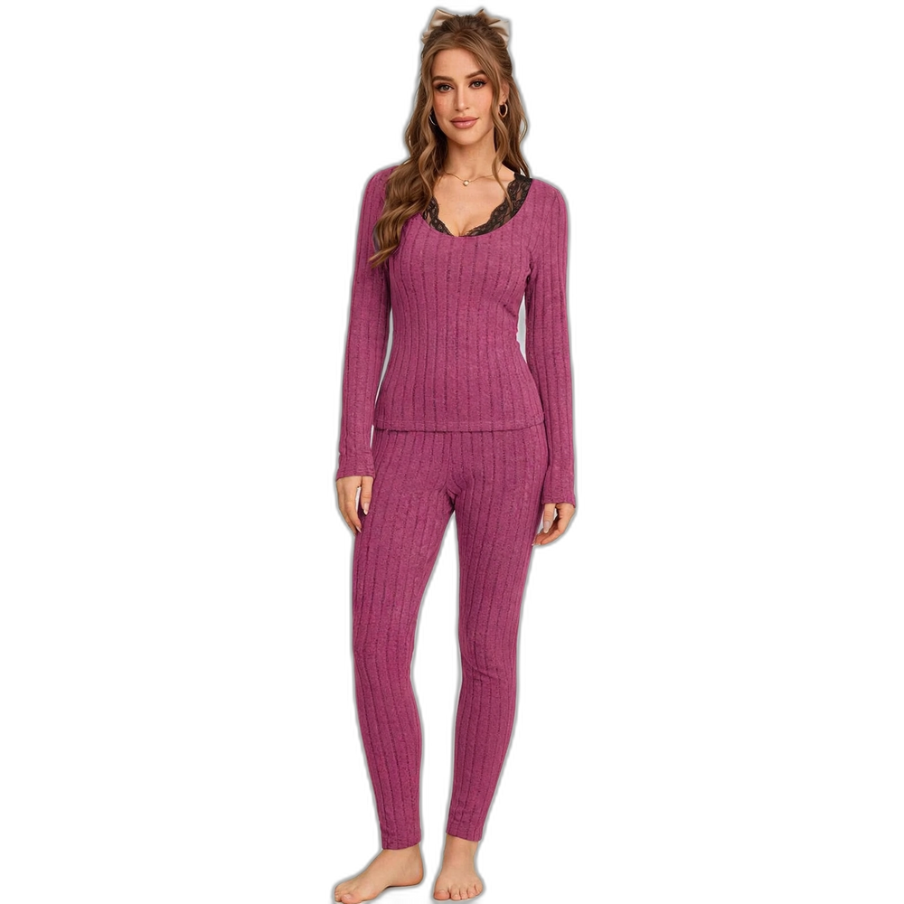 Ribbed Lace Slim-Fit Pajama Set