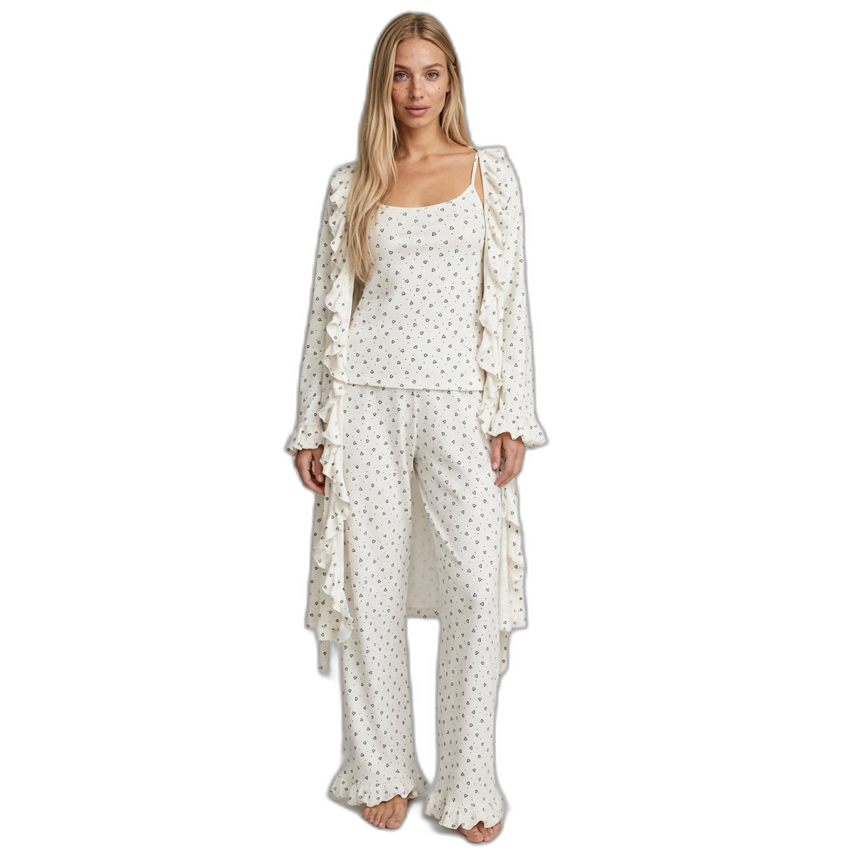 Women's 3-Piece Heart Print Wide-Leg Pajama Set