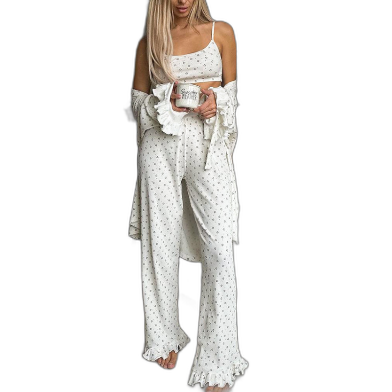 Women's 3-Piece Heart Print Wide-Leg Pajama Set