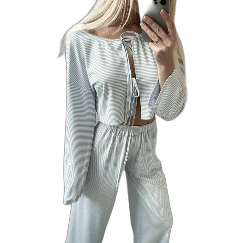 Women's Striped Wide-Leg Lace-Up Pajama Set