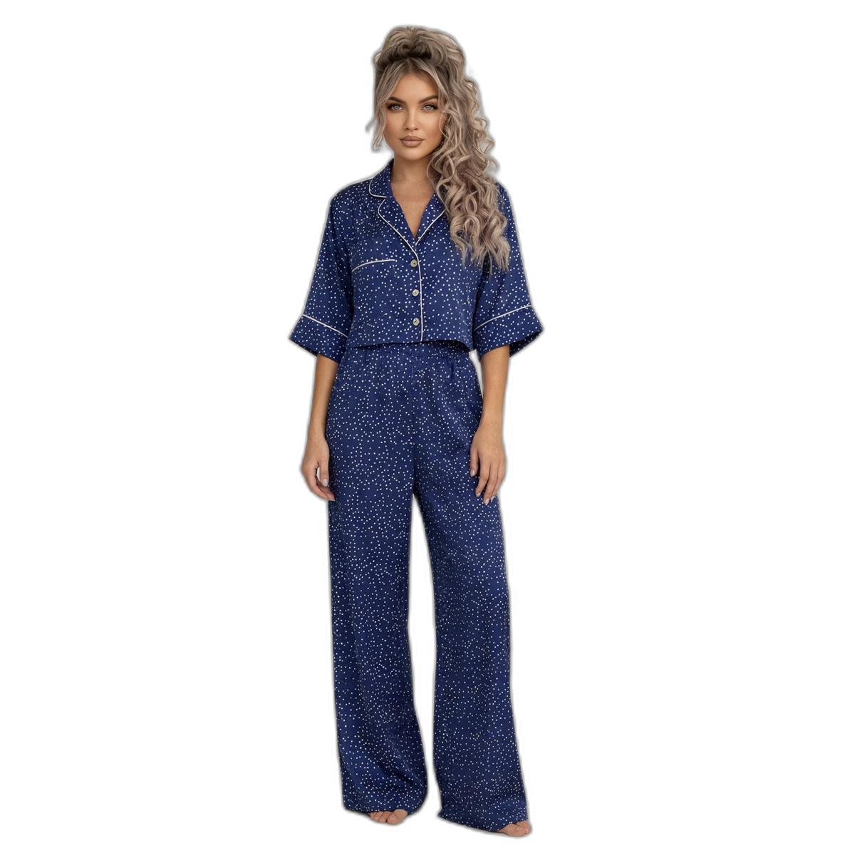 Polka Dot Wide-Leg Short Sleeve Pajama Set