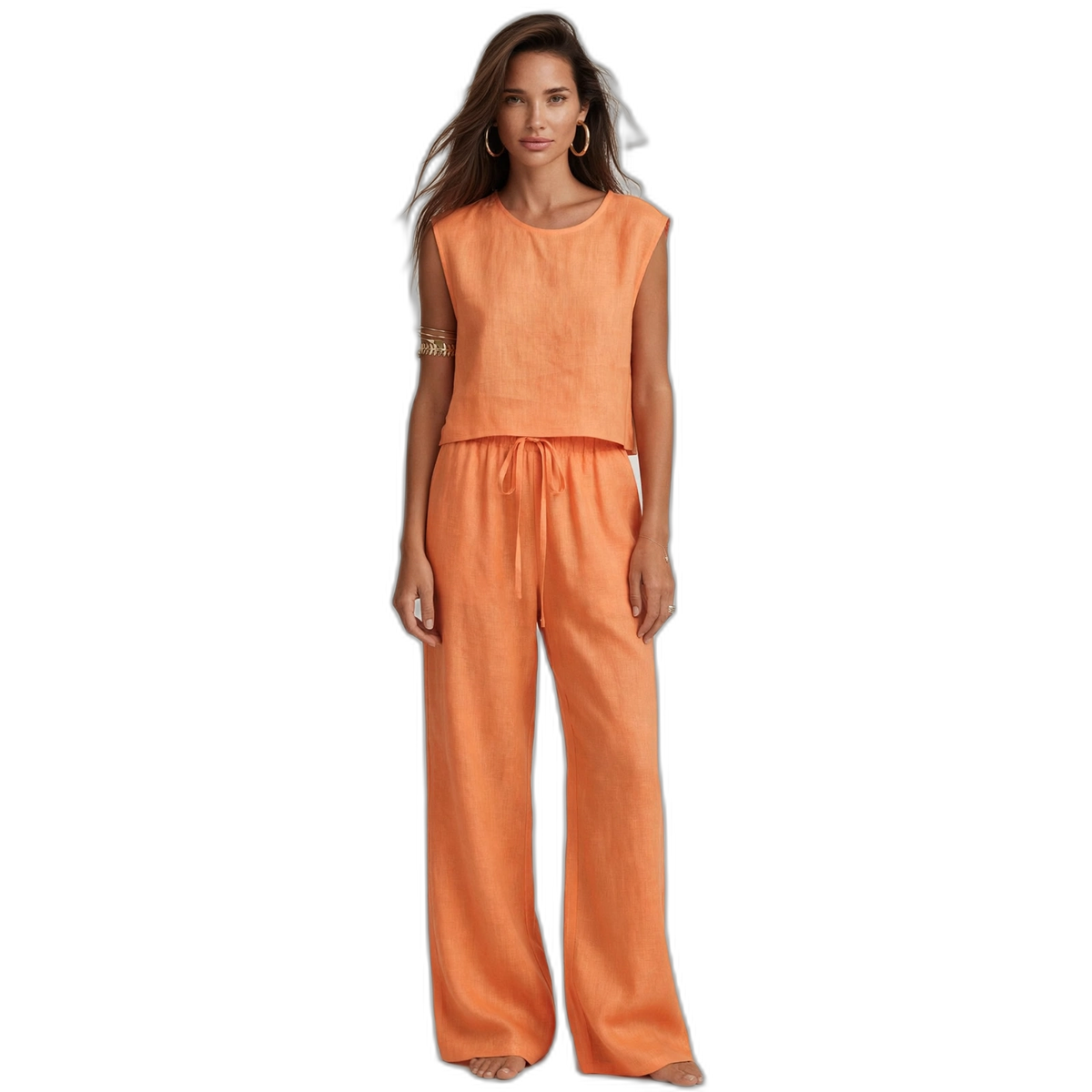Orange Cotton Wide-Leg Sleeveless Pyjama Set