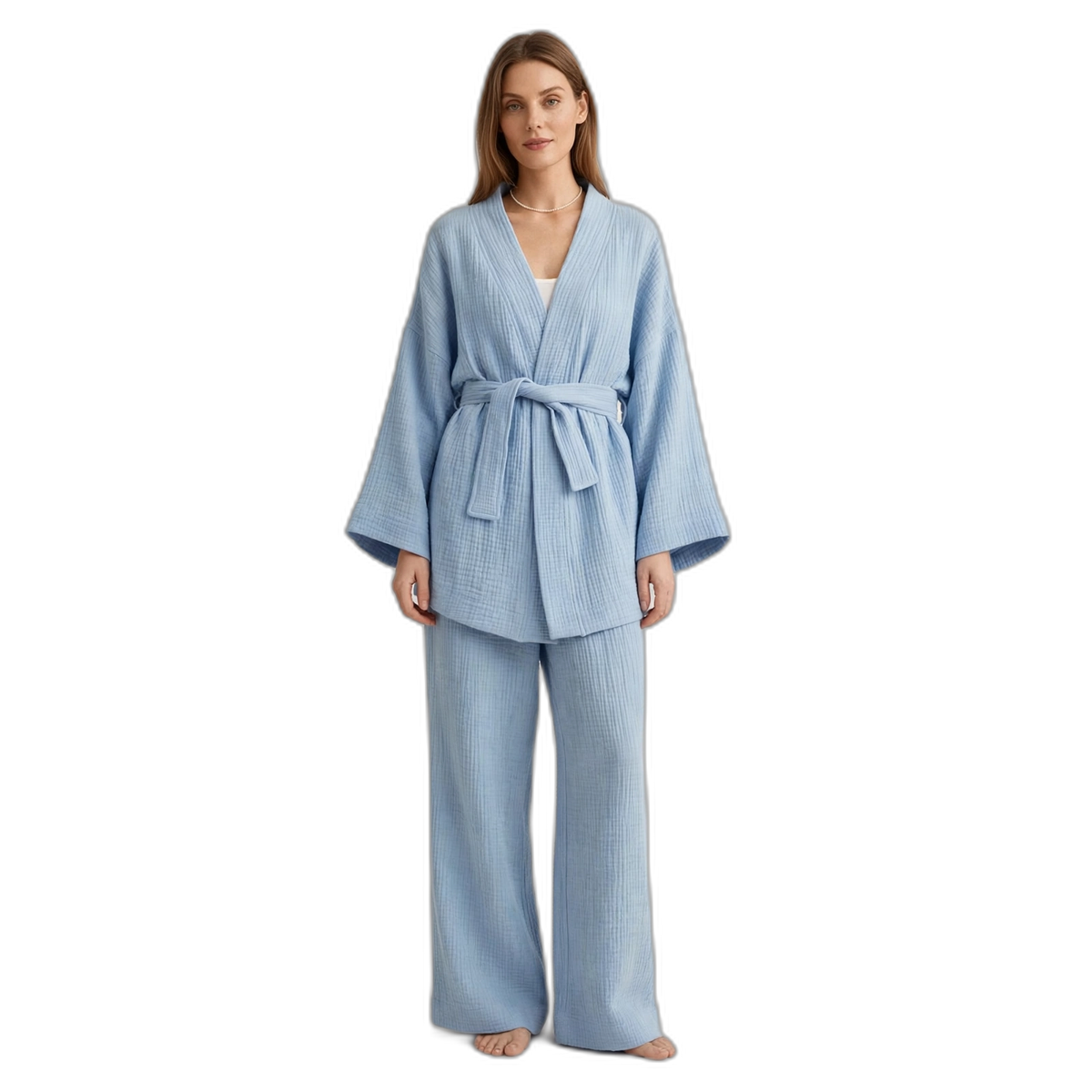 Women's Cotton Wide-Leg Pyjama & Kimono Set