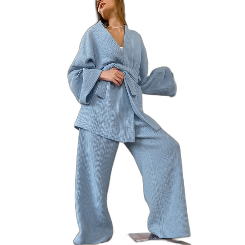Women's Cotton Wide-Leg Pajama & Kimono Set