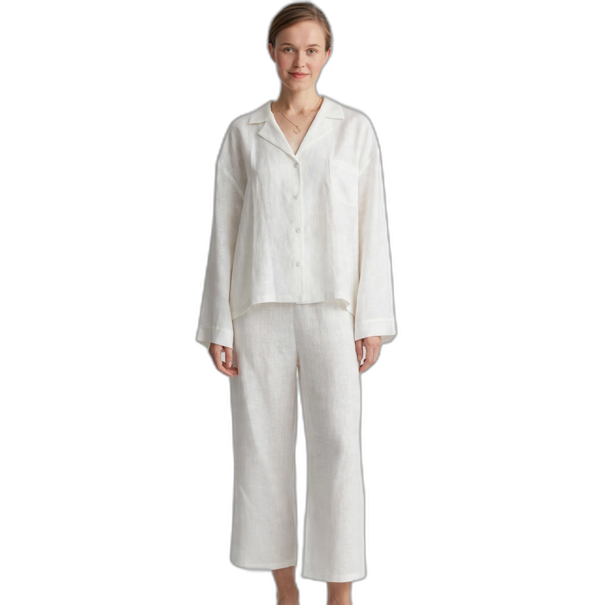 Women's White Cotton-Linen Wide-Leg Pyjama Set
