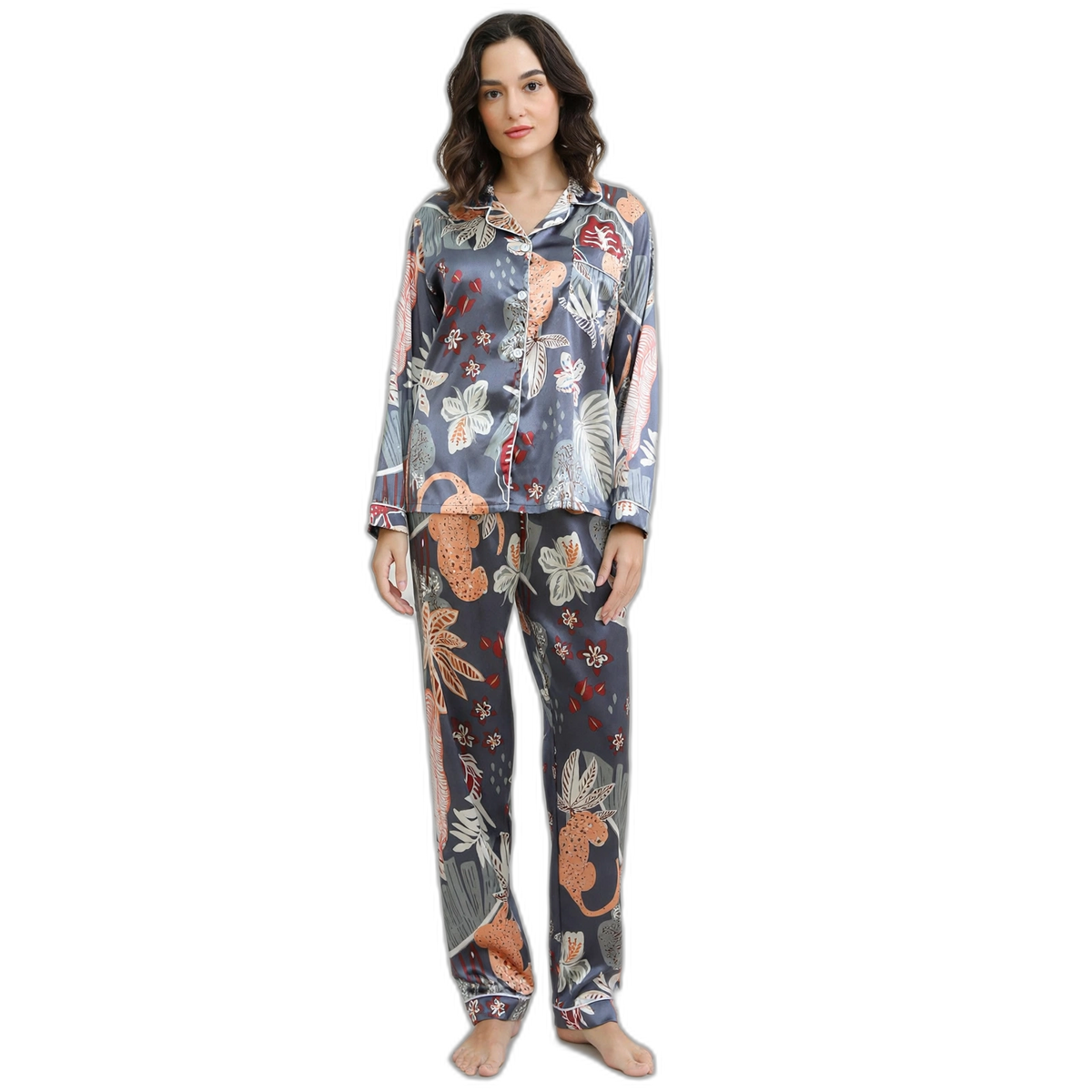 Women’s Leaf Print Long-Sleeve Silk Pajama Set
