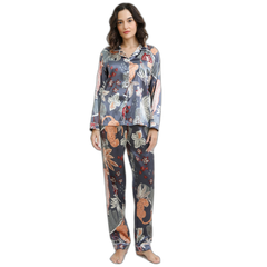 Women’s Leaf Print Long-Sleeve Silk Pajama Set