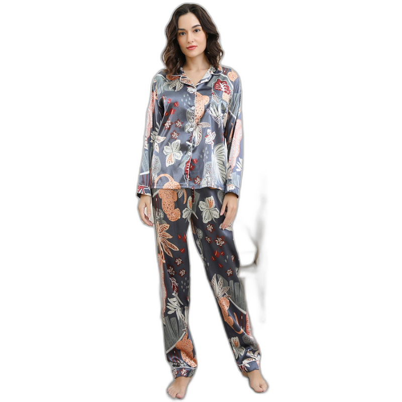 Women's Leaf Print Long-Sleeve Silk Pajama Set