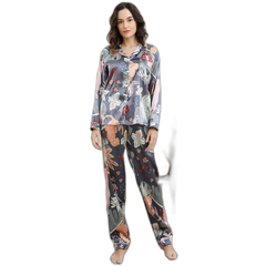 Women's Leaf Print Long-Sleeve Silk Pajama Set